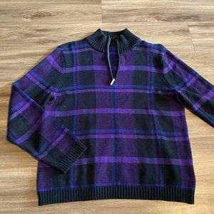 black and purple plaid half zip sweater size small/medium